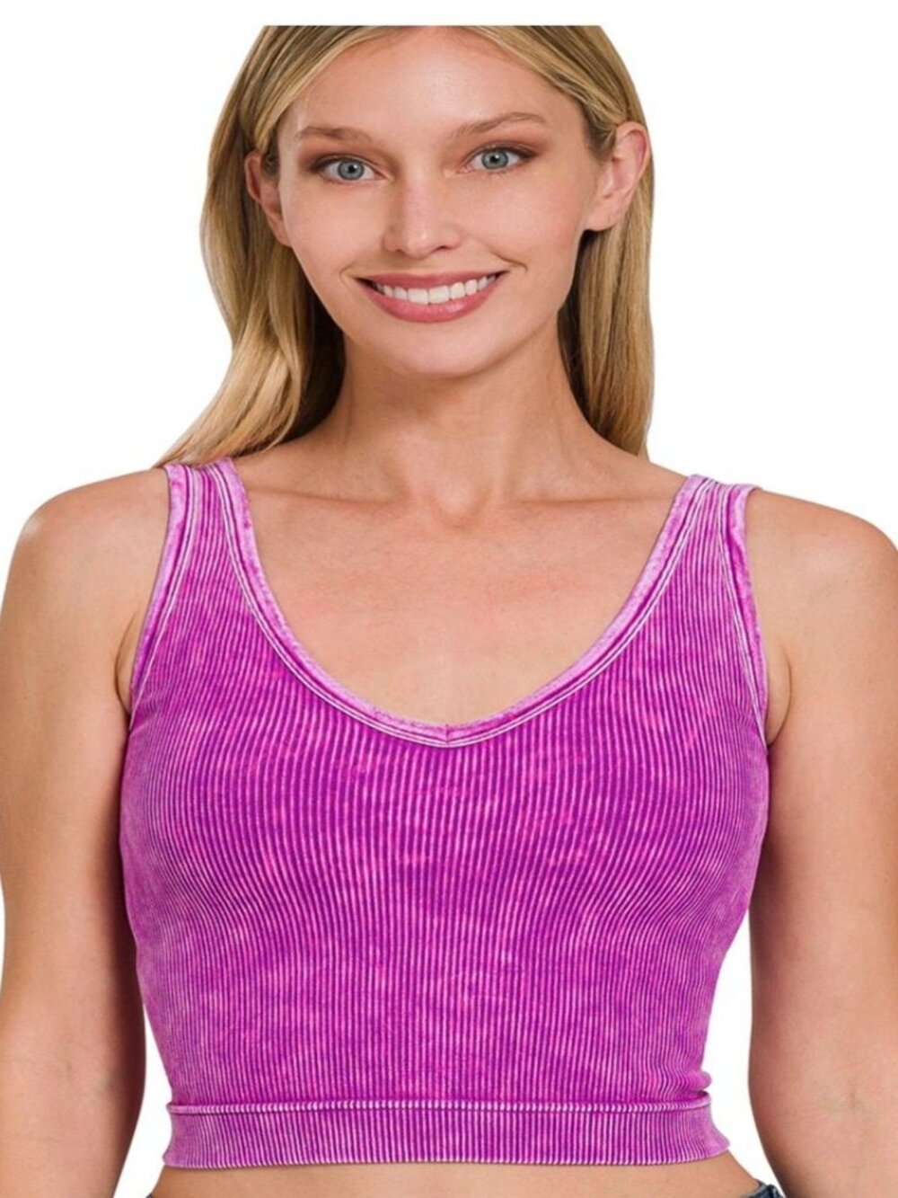 Womens 2-way neckline washed ribbed seamless tank sports bra Lt Plum S/M & L/XL